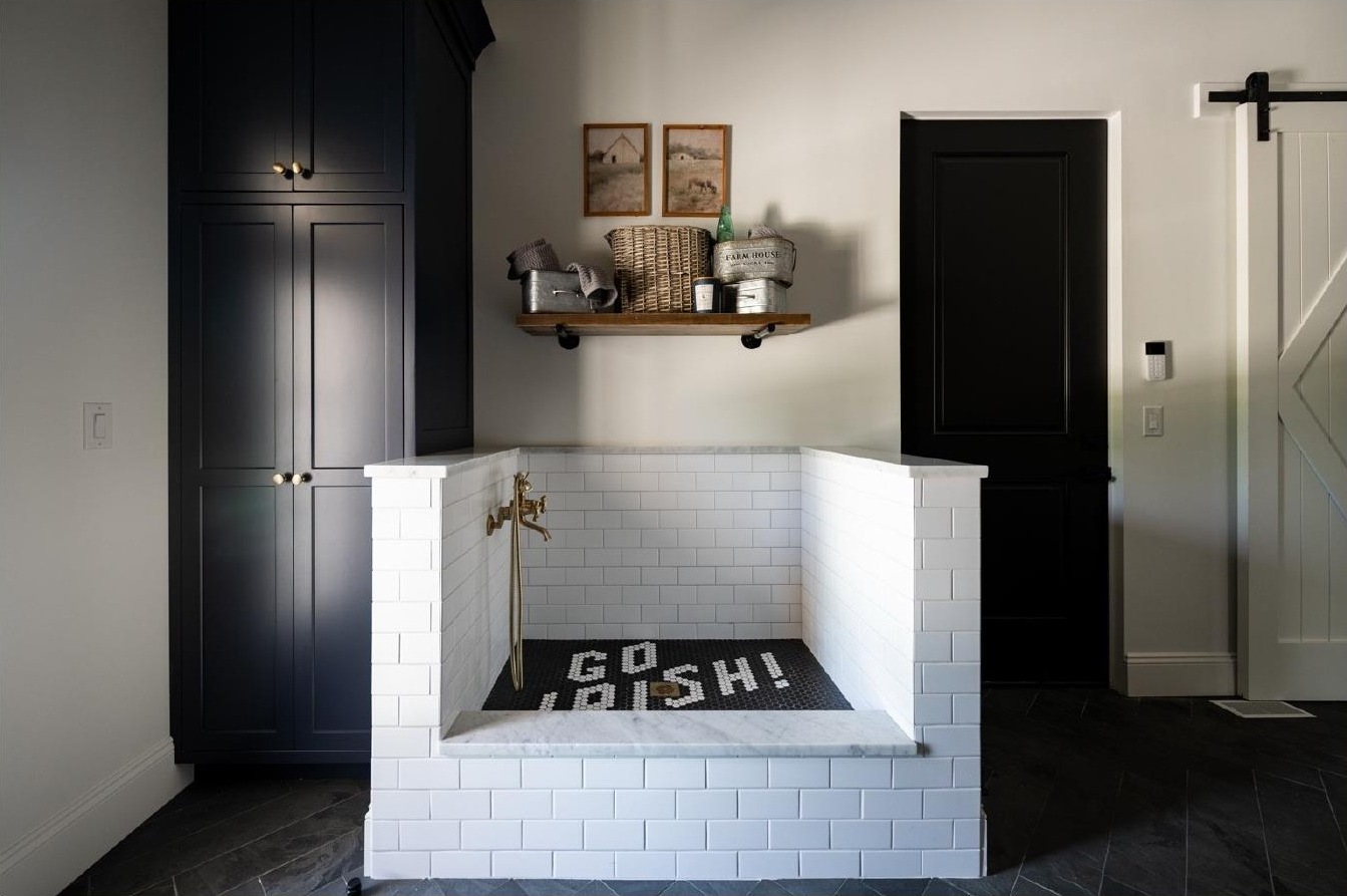 Dog wash station in mudroom with Go Irish tile mat